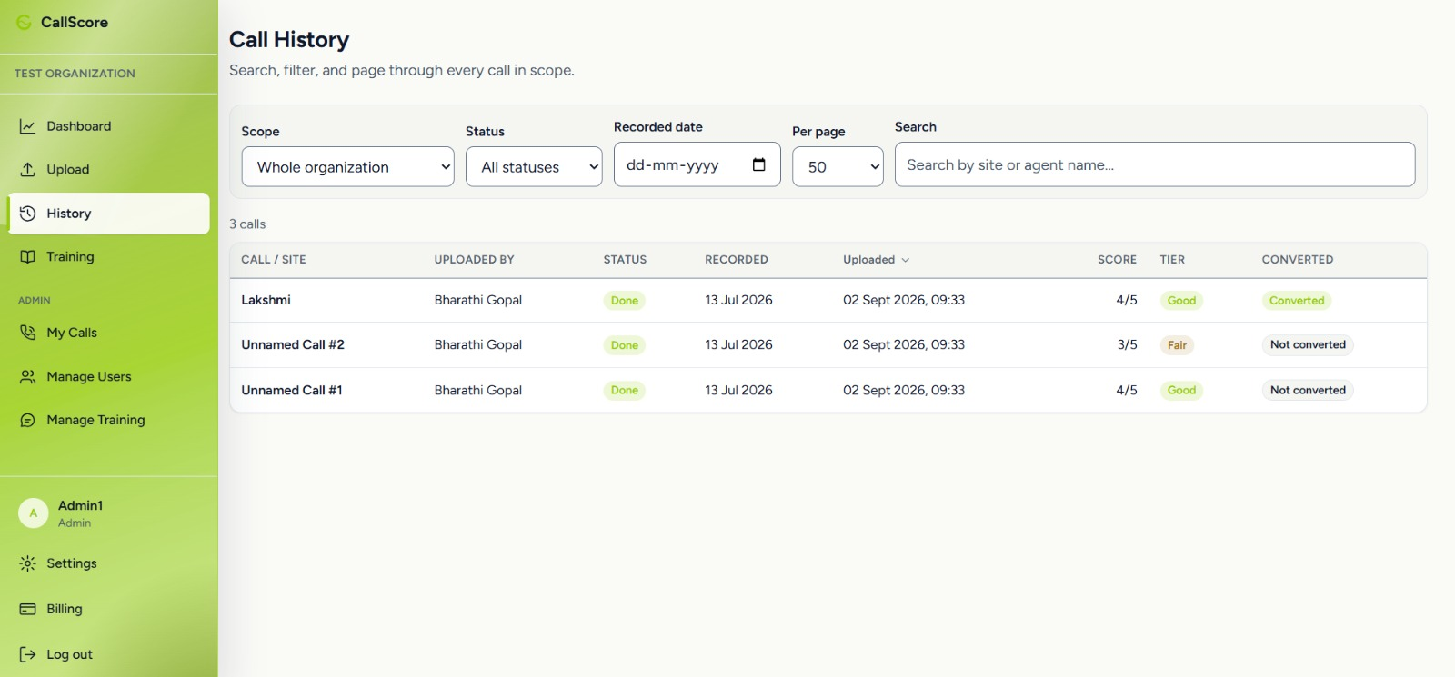 CallScore call history table filtered by rep and tier